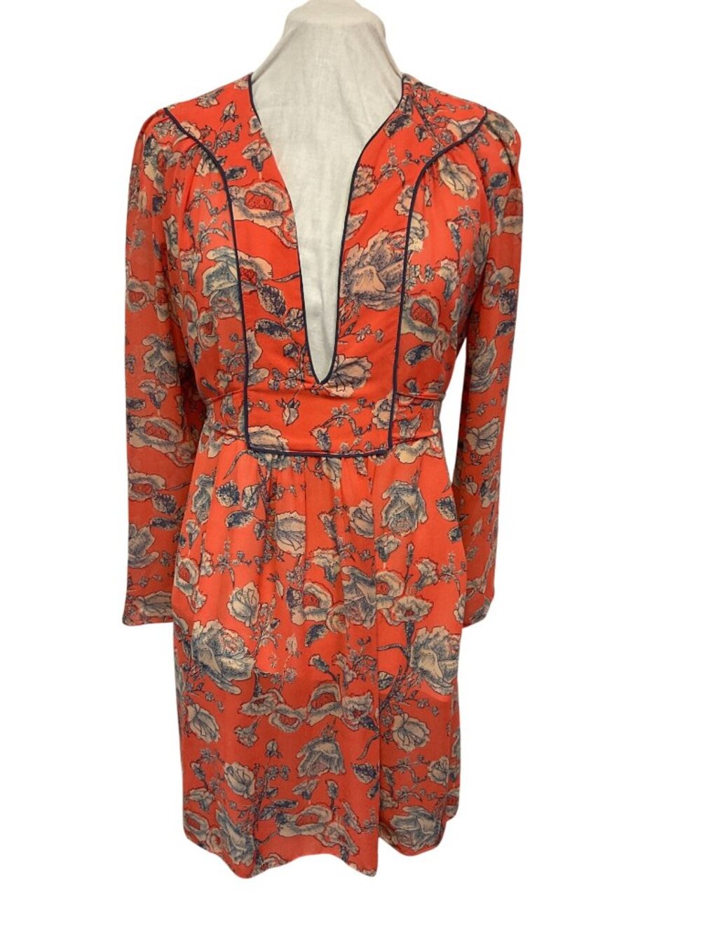 Floral Print Long-Sleeve Dress With Deep V-Neck & Waist Tie By Hazel Size M